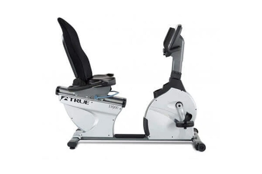 TRUE ES900 recumbent exercise bike with white frame, black seat and handlebars, on white background