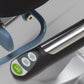 White recumbent exercise bike with blue foot pedal and black handle featuring green and gray control buttons, on white backgr