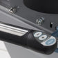 Black and silver handlebar control with preset buttons and blue grip on TRUE recumbent exercise bike