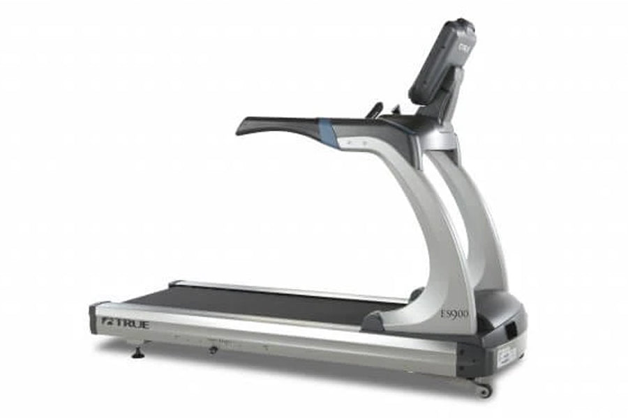 Silver and black commercial treadmill with digital display console and black running belt on white background