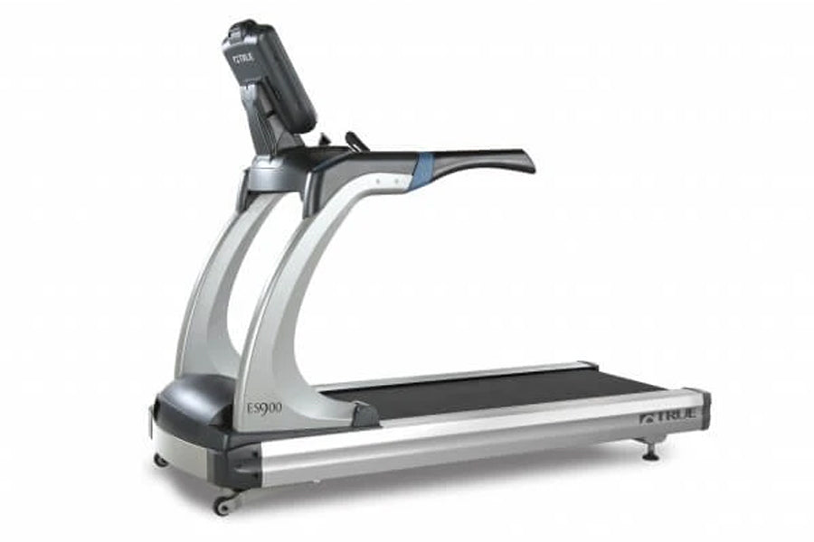 True ES900 treadmill with silver frame, black running deck, and digital console on white background