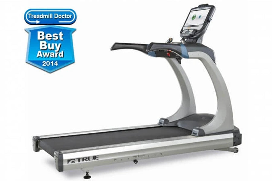 TRUE ES900 commercial treadmill with black running deck, gray frame, digital display console, and Treadmill Doctor Best Buy A