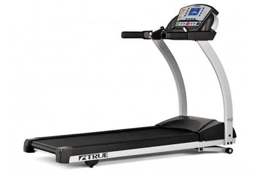 TRUE M30 treadmill with black running deck, silver frame, and digital console display on white background