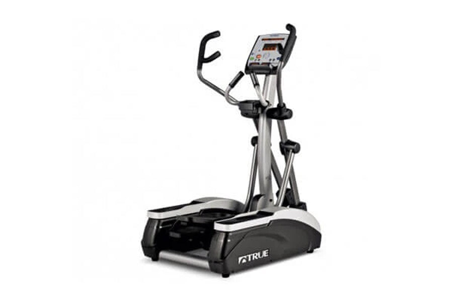 TRUE M50 elliptical machine with silver frame, black foot pedals, dual handles, and digital display console on white backgrou