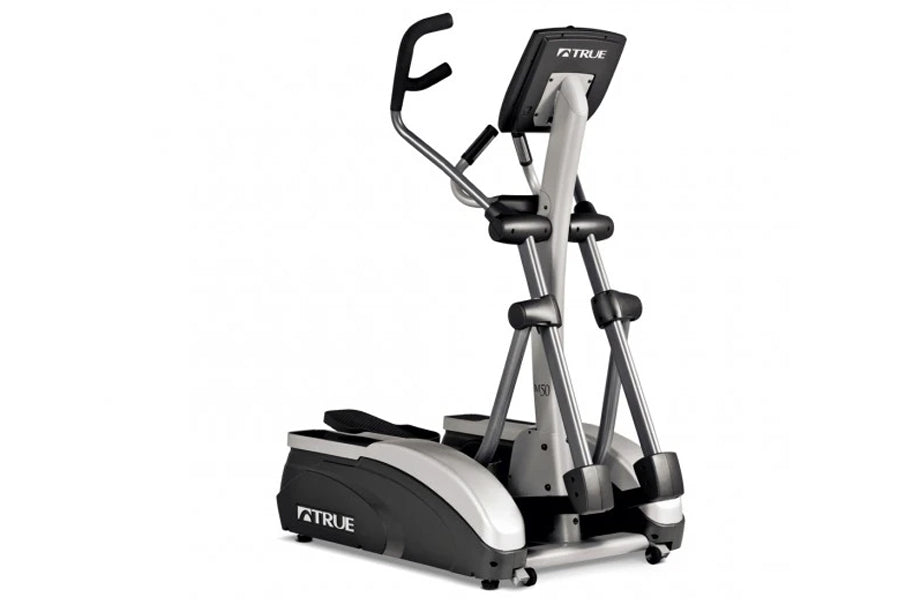 True M50 elliptical machine with black and silver frame, digital display console, and dual moving handles on white background