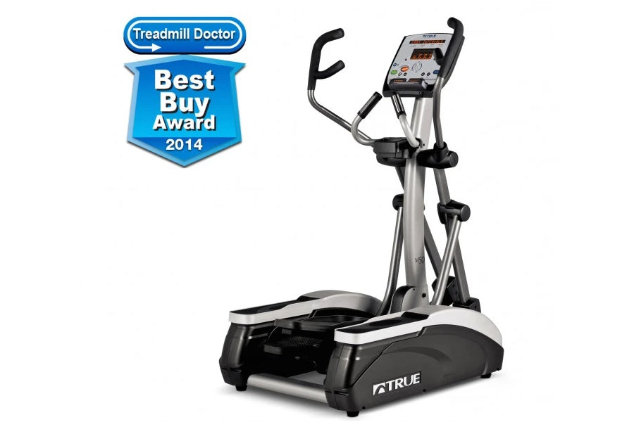 TRUE M50 elliptical trainer with digital display, black and silver frame, curved handles, and pedal platform on white backgro