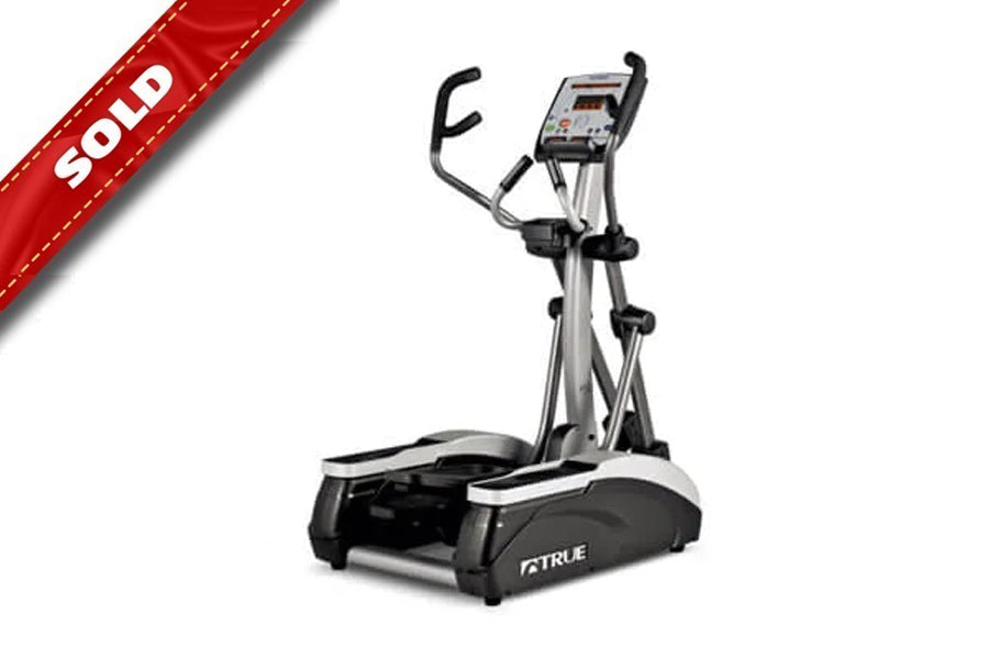 TRUE M50 elliptical machine with silver frame, black base, digital console, and curved handles on white background