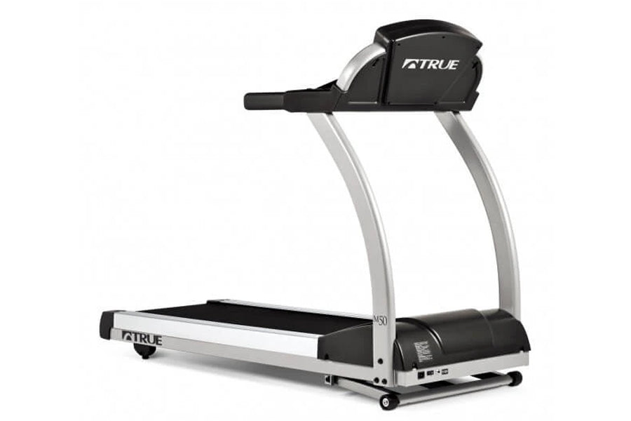 TRUE M50 treadmill with black and silver frame, black running belt, and curved silver uprights on white background