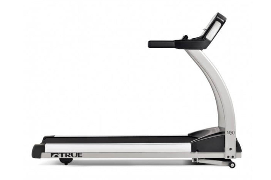 TRUE M50 treadmill with silver frame, black handlebar, and digital display on white background
