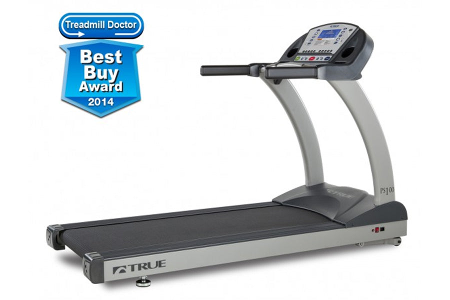 TRUE Performance 100 commercial treadmill with gray frame, black running deck, and digital console display on white backgroun