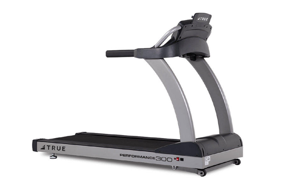 TRUE Performance 300 treadmill with black and gray frame, digital console, and black running belt on white background
