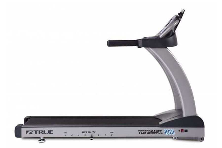 Gray and black TRUE Performance 800 treadmill with digital display and black handlebar, shown on white background