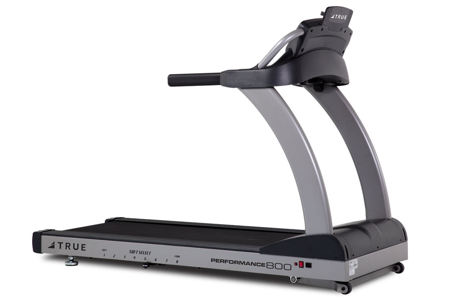 TRUE Performance 800 treadmill with gray frame, black running deck, and digital console on white background