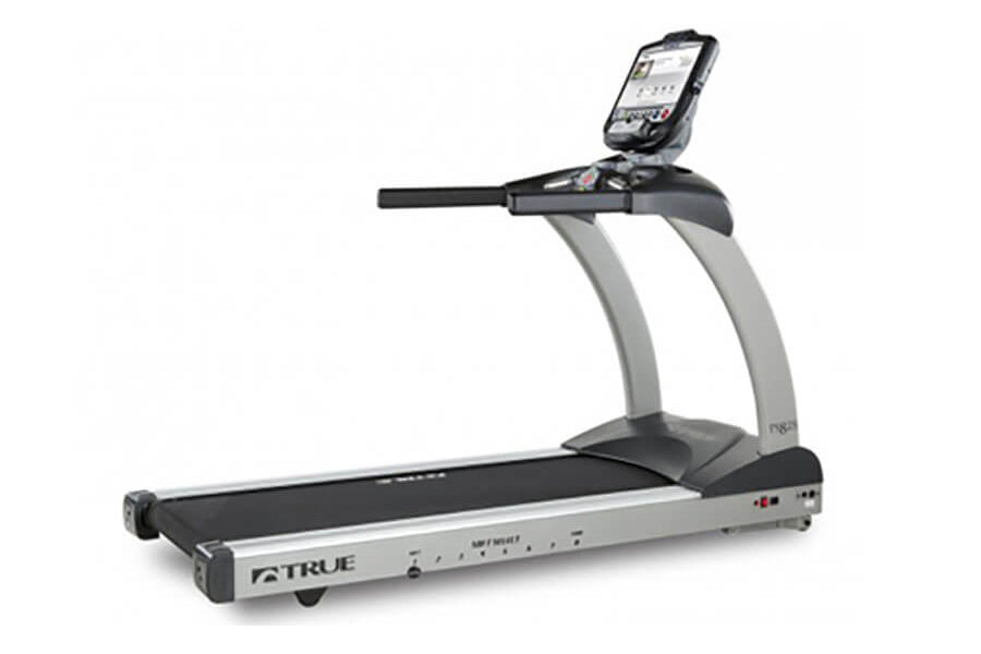 True PS825 treadmill with black running deck, silver frame, and digital touchscreen display mounted on console