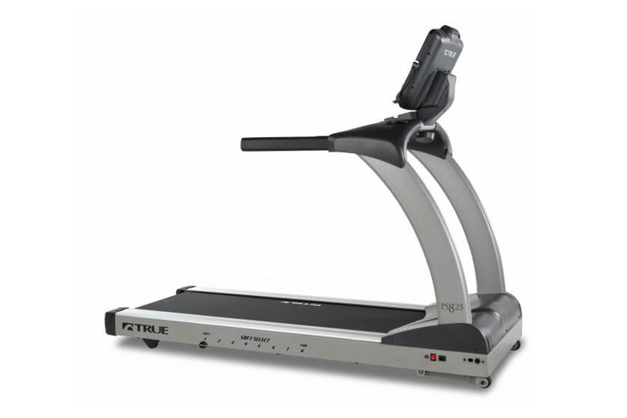 TRUE PS825 treadmill with gray frame, black running deck, and digital console on white background