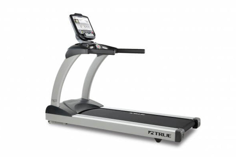 TRUE PS825 treadmill with silver and black frame, black running belt, and digital display console on white background