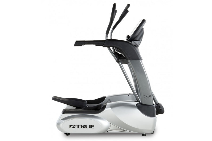 TRUE Performance 300 elliptical machine with white base, gray frame, black handles and footplates on white background