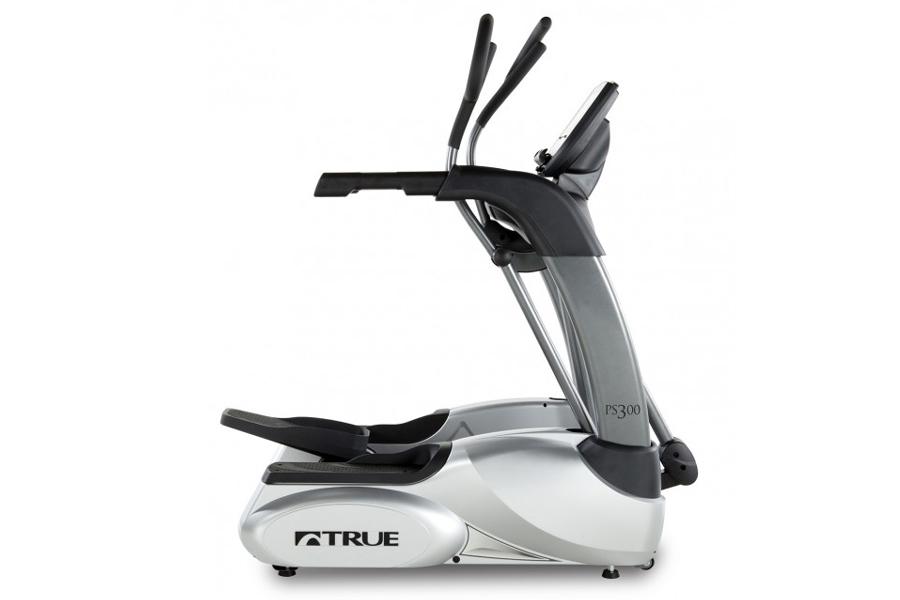 White and black TRUE Performance 300 elliptical machine with gray accents, dual handles, and footplate on white background