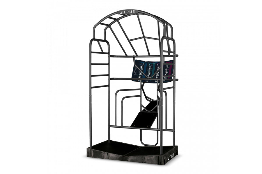 TRUE Stretch Golf cage with black metal frame, arched roof design, and dark navy control panel mounted on side, on white back