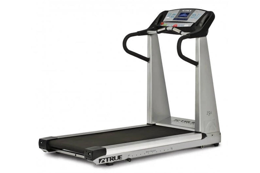 TRUE Z5.0 treadmill with black running belt, silver frame, black handles, and digital display console on white background
