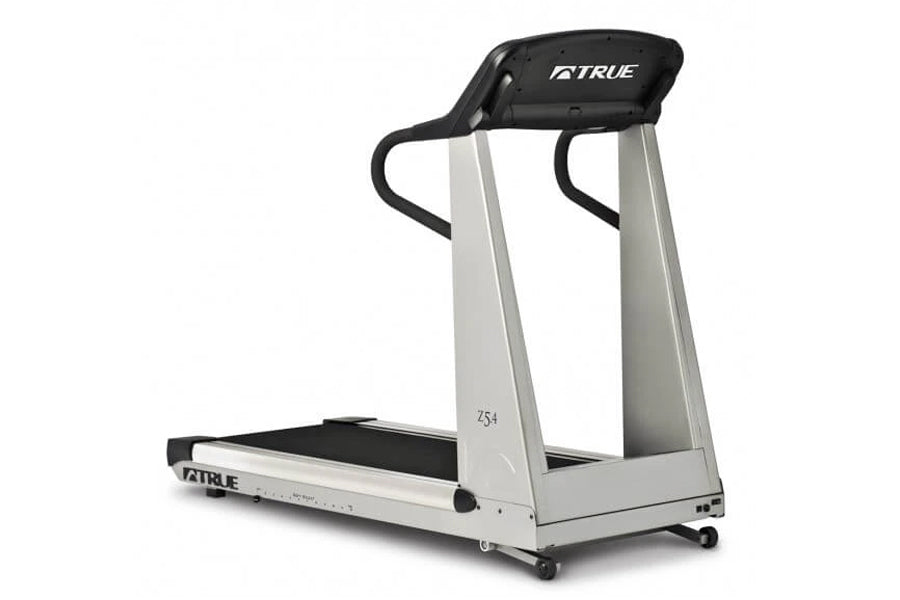 True Z5.0 treadmill with black running deck, silver frame, black handles, and control console on white background