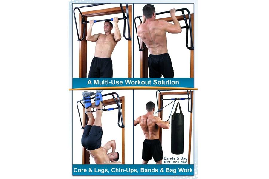 Teeter EZ-Ups inversion and chin-up rack system with wooden frame and black metal hardware, showing four exercise demonstrati