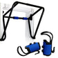 Black and blue inversion rack system with chin-up bar and removable ankle support sleeves on white background