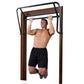 Teeter EZ-Ups inversion and chin-up rack with wooden frame and black metal bar, man performing pull-up exercise