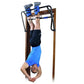 Man performing inverted pull-up on wooden inversion rack with black frame and blue hand grips and leg straps