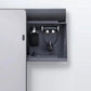 Lululemon Studio Mirror Pro with open drawer displaying black wireless earbuds, charging case, and accessories on gray felt i