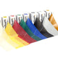 Theraband elastic resistance bands in nine colors including yellow, red, green, blue, black, white, and gold, displayed unrol