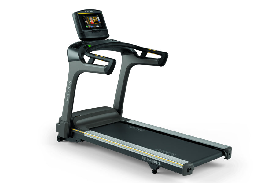 Matrix T75 commercial treadmill with black running deck, gray frame, dual black handles, and digital console display on white