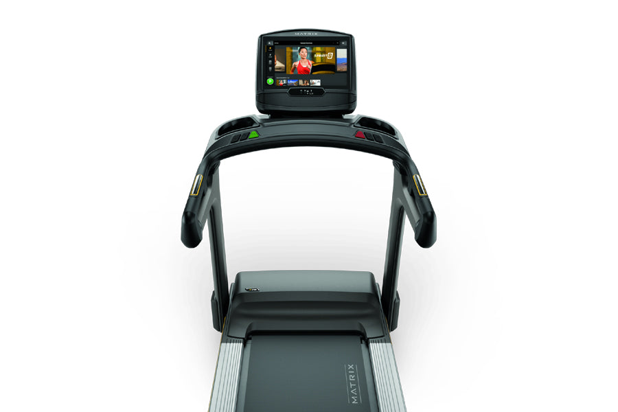 Matrix T75 treadmill with black frame, dual handles, and integrated touchscreen display showing workout interface on white ba