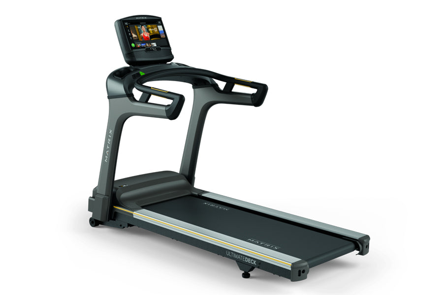 Black and gray motorized treadmill with digital touchscreen display, dual handles, and black running belt on white background