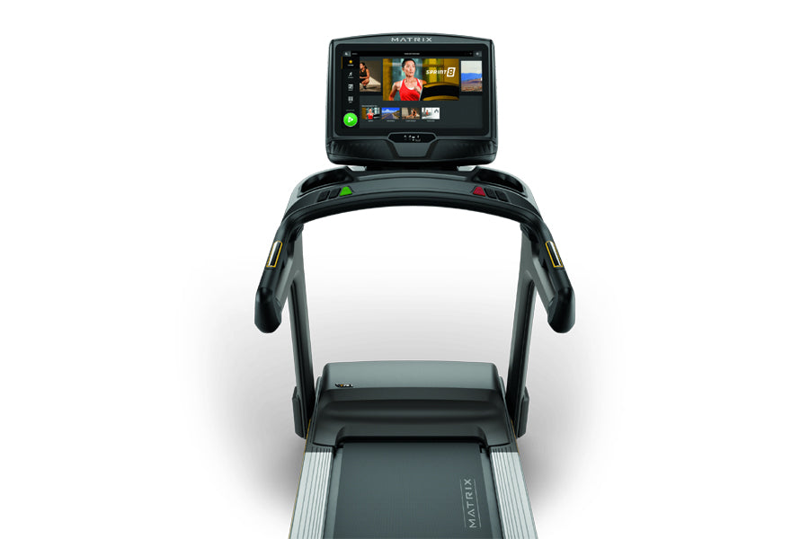 Matrix T75 black treadmill with digital display screen showing workout content, viewed from above on white background