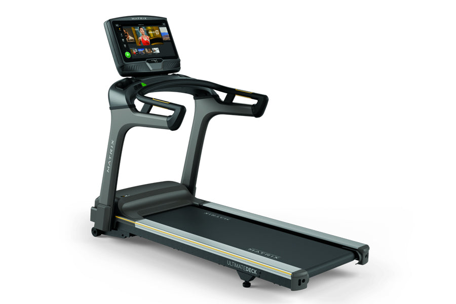 Matrix T75 treadmill with black belt and gray frame, featuring touchscreen display and dual handles on white background