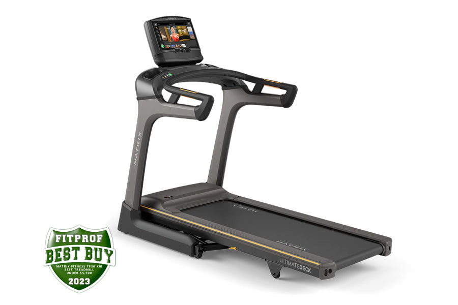 Matrix TF30 folding treadmill with black and gray frame, touchscreen display, and gold accents on white background