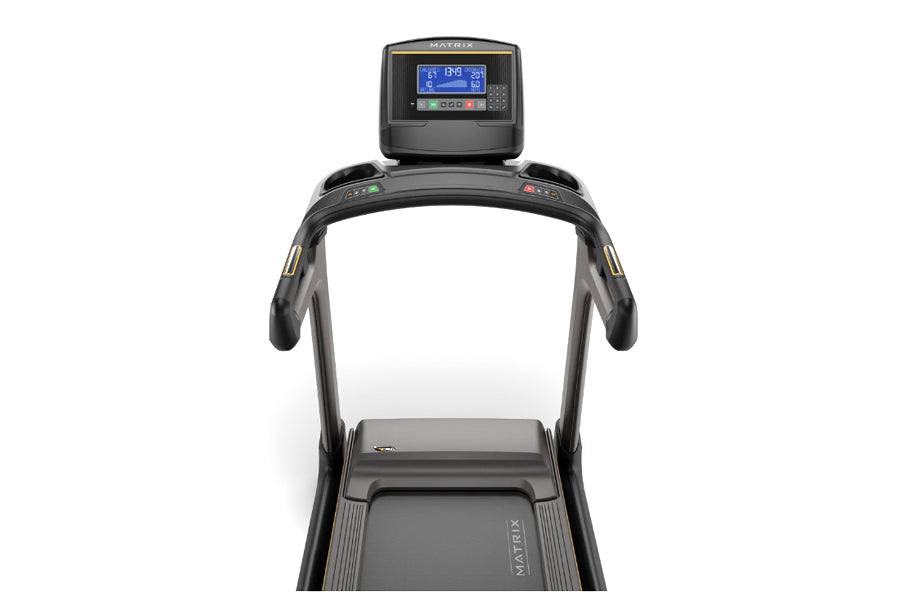 Matrix TF30 black folding treadmill with digital display console, handrails, and running deck on white background