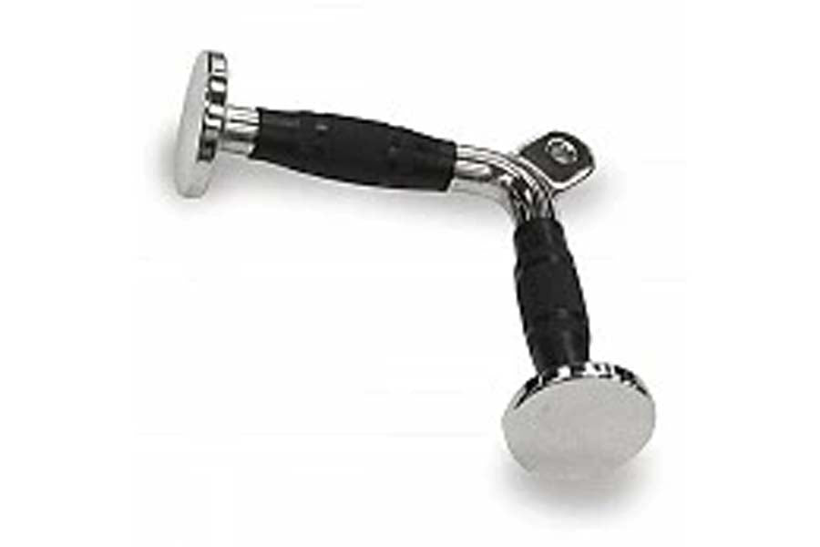 Warrior Tricep Press Down Bar with silver metal heads, black rubber-grip handles, and chain attachment on white background