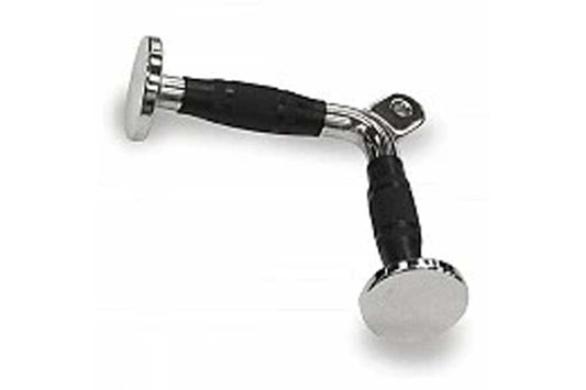 Warrior Tricep Press Down Bar with silver metal heads, black rubber-grip handles, and chain attachment on white background