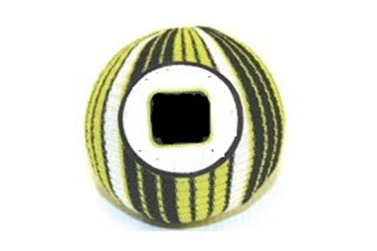 Trigger Point Massage Ball with yellow and black vertical stripes, white and gray center target design on white background
