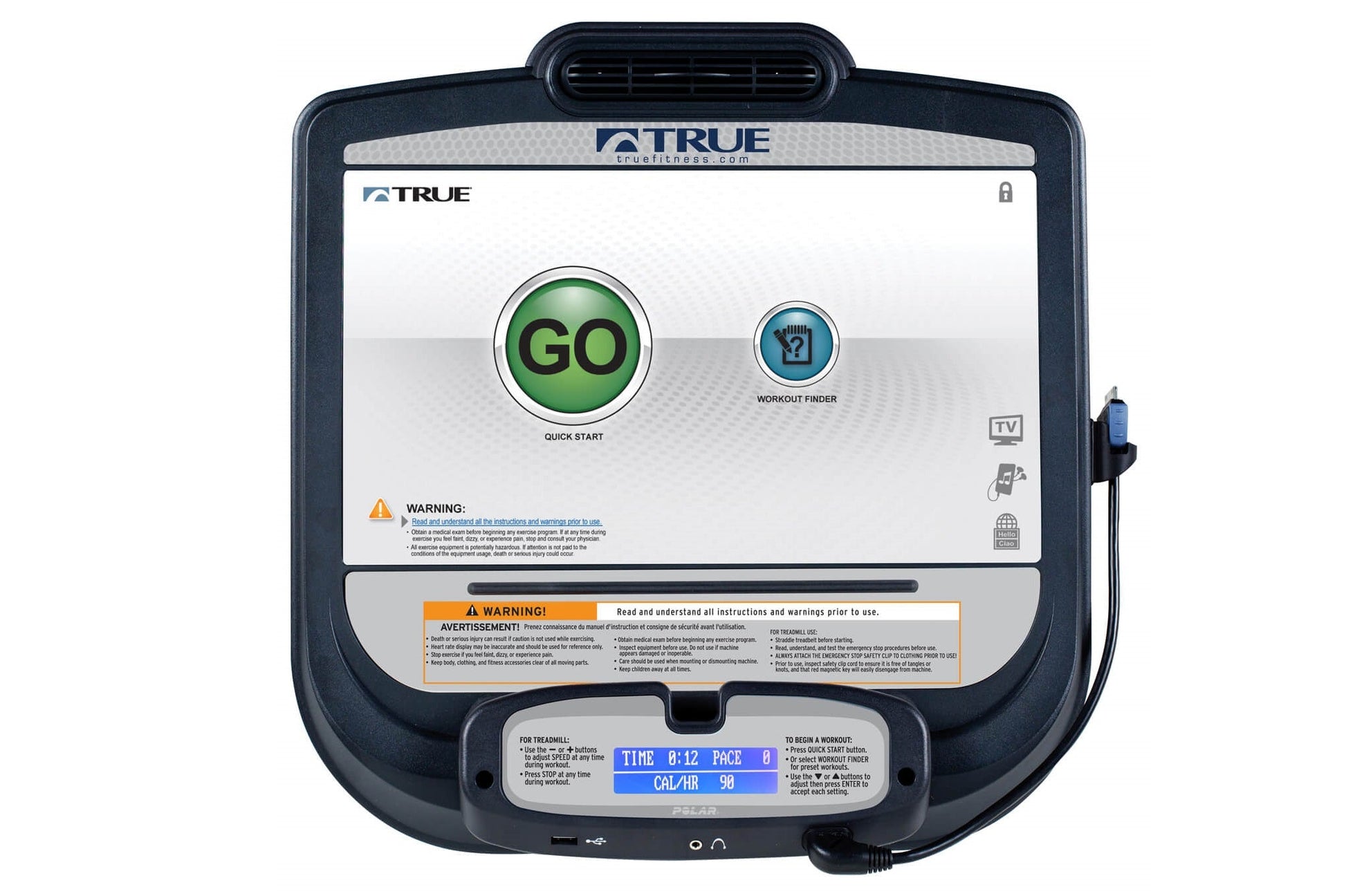 TRUE ES900 treadmill console display with green "GO" quick start button and blue workout finder button on white background
