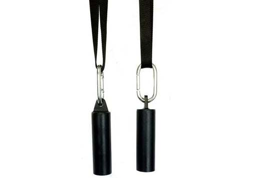 Pair of black cylindrical tube grip attachments with silver carabiners and black nylon straps on white background