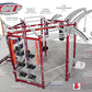 TuffStuff CT8 red and silver multi-station fitness training system with labeled equipment modules including monkey bars, pull