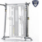 Silver and black multi-functional gym trainer with cable pulleys, Smith press attachment bar, and adjustable weight pegs on w