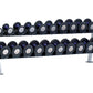 Two-tier dumbbell rack with silver metal frame holding black rubber-coated dumbbells with white and blue labels, arranged in 