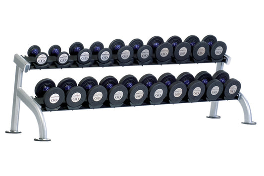 Two-tier dumbbell rack with silver metal frame holding black rubber-coated dumbbells with white and blue labels, arranged in 