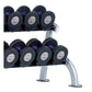 Two-tier dumbbell rack with silver frame holding black rubber-coated dumbbells labeled 20 to 50 pounds
