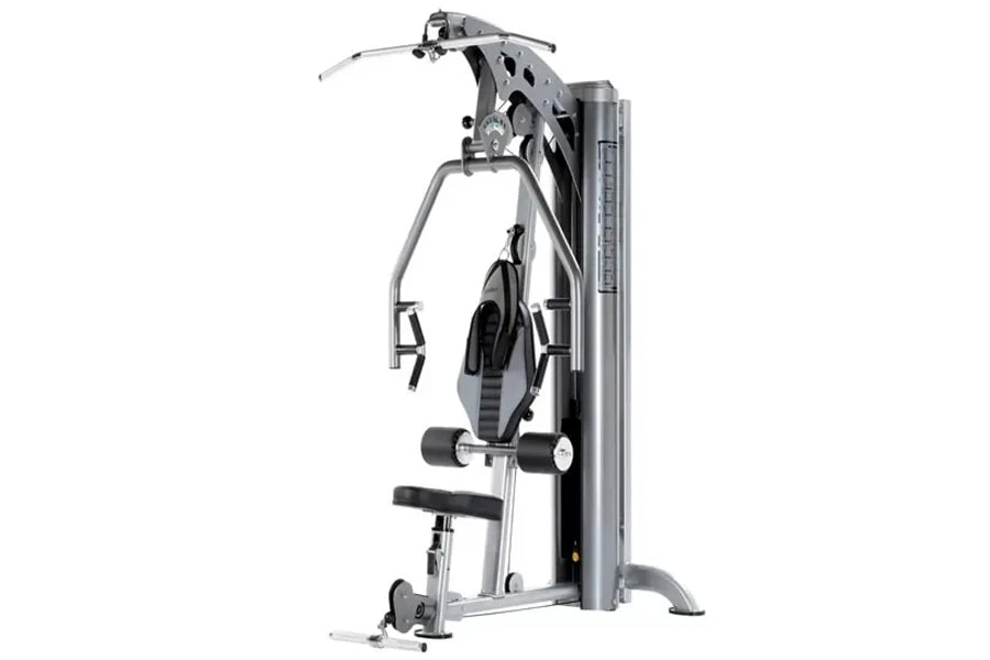 TuffStuff Apollo 7300 3-Station Multi Gym System with gray and black frame, seated chest press station, and cable pulley syst