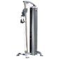 TuffStuff Apollo 7300 multi-gym system with gray metal frame, cable pulley attachment, and dual black foot handles on white b